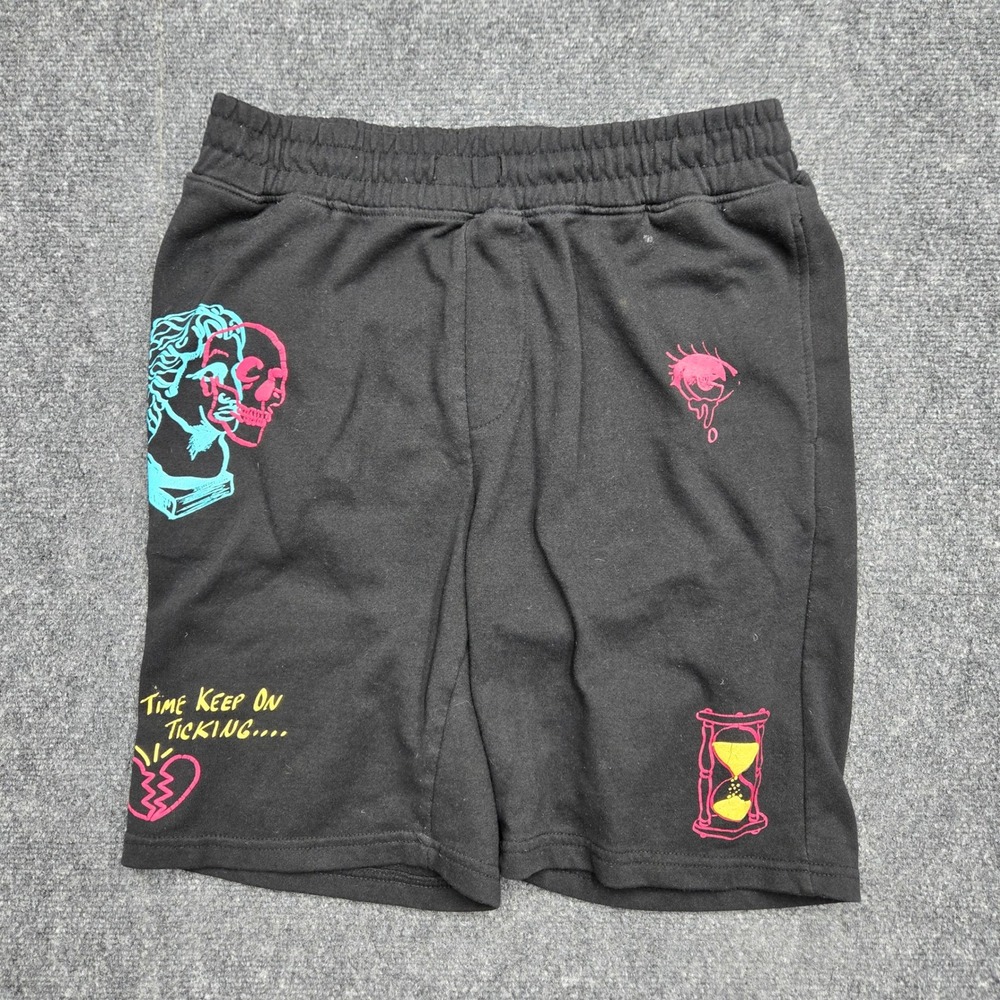 Rue21 Mens Black Graphic Fleece Lounge Shorts Medium Vaporwave Skull Hourglass